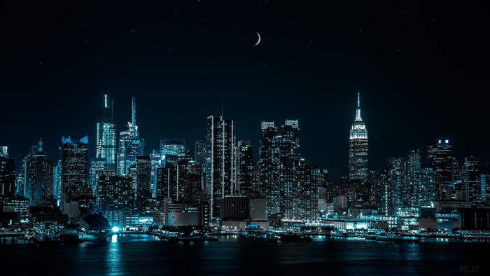 New York City Skyline at Night with Crescent Moon