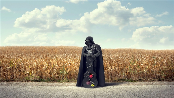 Darth Vader with guitar in a cornfield
