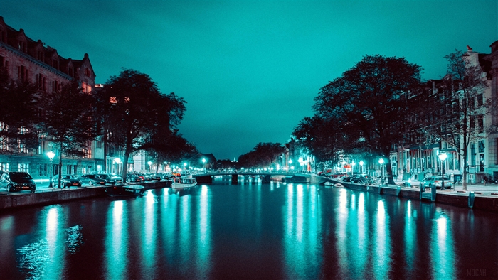Amsterdam Canal at Night with Bridge and Boats 4K