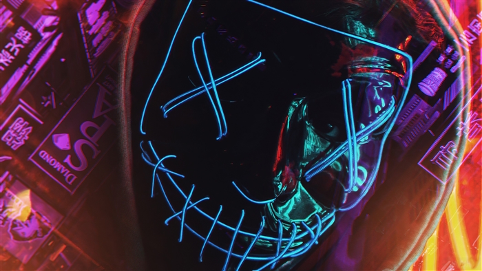 Close-up of a Purge mask with neon lights 4K