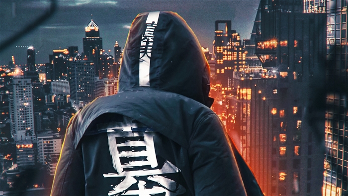 Ninja standing on a rooftop overlooking a city at night
