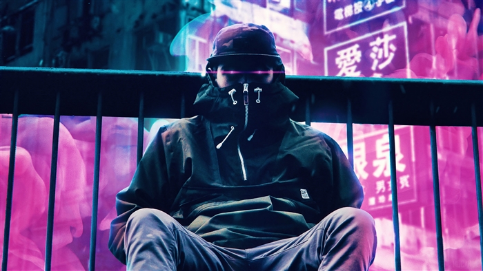 Man with face covered in smoke and neon lights 4K