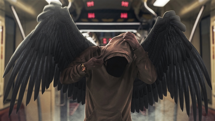 Hoodie Boy with Black Wings in Subway 4K