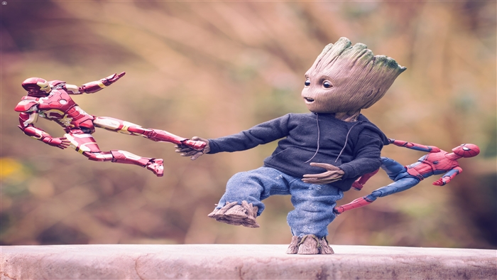 Baby Groot, Iron Man, and Spider-Man 4K