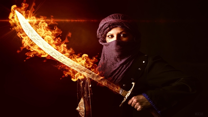 Warrior Woman with Burning Sword 4K