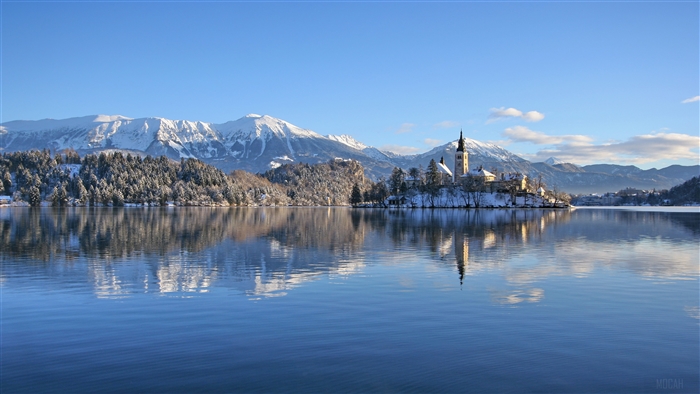 Lake Bled with Alps and Church in Winter 4K