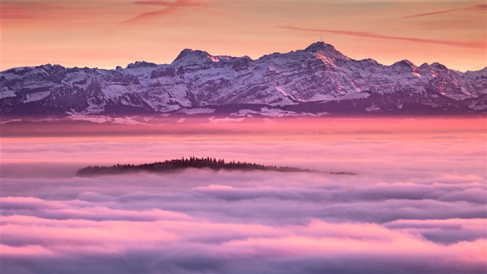 Snow-capped Alps over pink fog and forest island
