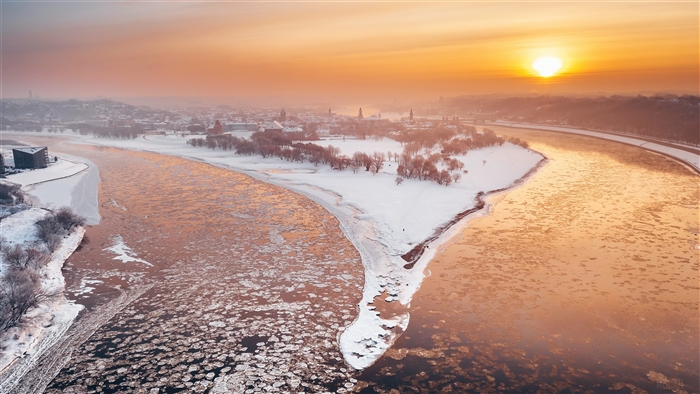 Kaunas City River Winter Snow Sunlight 4K