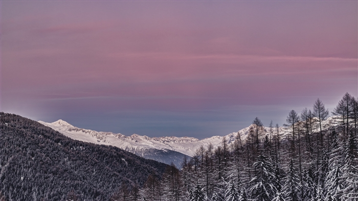 Snow-covered mountains and trees at sunset 4K