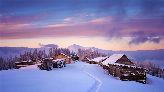 Wooden Huts Covered In Snow 4K