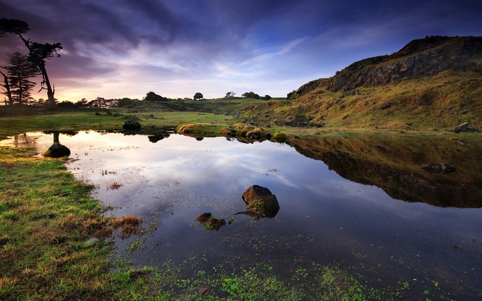 Pond reflecting a hill and trees at sunset
