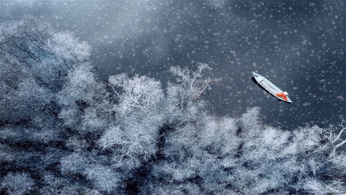 Boat in Snow Covered Forest Aerial View 4K