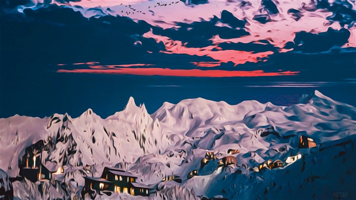 Houses in snowy mountains at sunset 4K