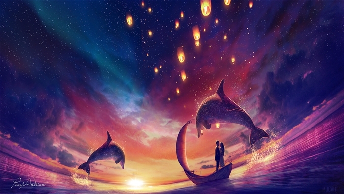 Couple in boat with dolphins and lanterns 4K