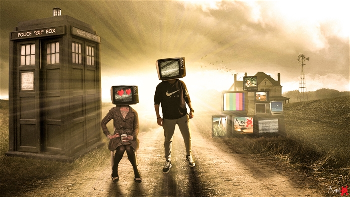 People with TVs for heads and a TARDIS