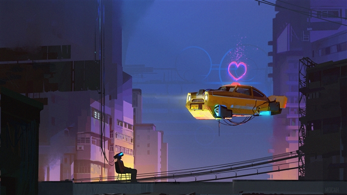 Cyberpunk Cityscape with Flying Car and Heart Symbol 4K