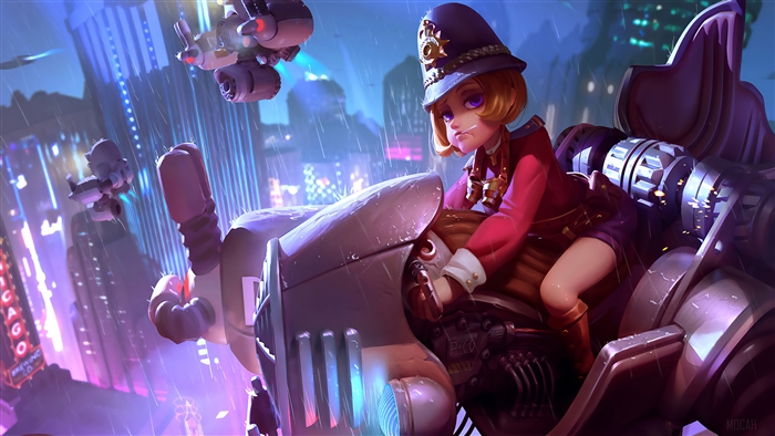 Girl in a police hat on a steampunk vehicle in a rainy city