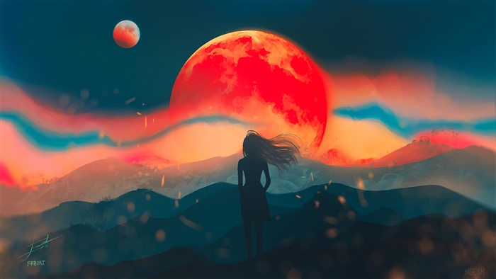 Girl watching a blood moon eclipse