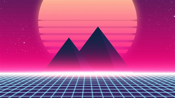 Retro Sunset with Mountains and Grid