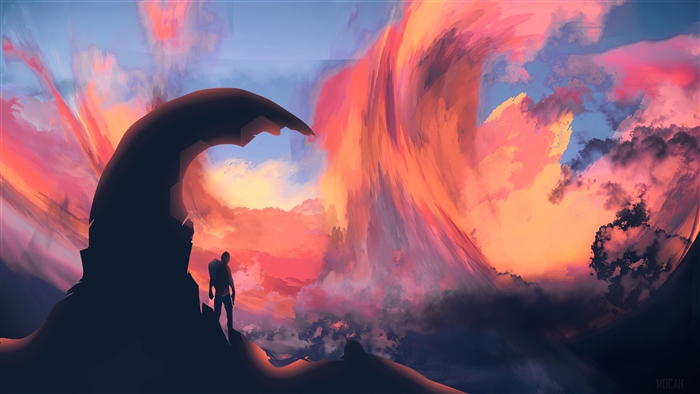 Man on cliff overlooking swirling sky 4K