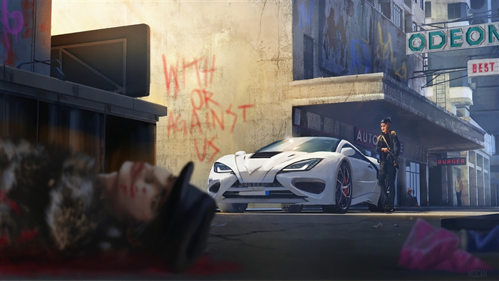 Assassination scene with white sports car and graffiti