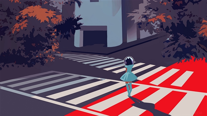 Girl with helmet on a crosswalk