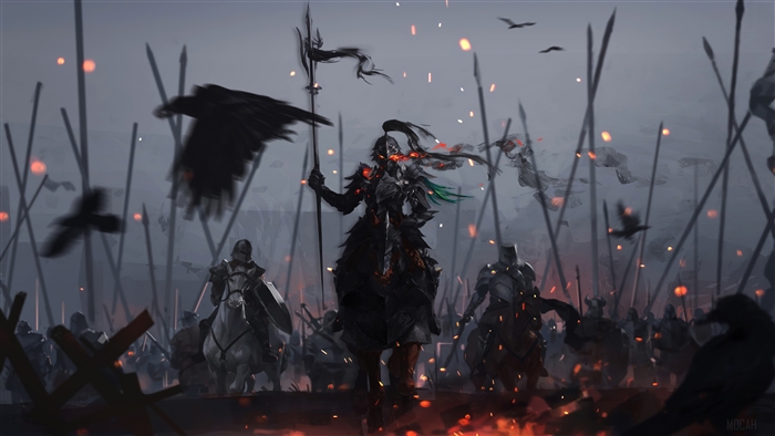 Dark Knight army with crows and spears 4K