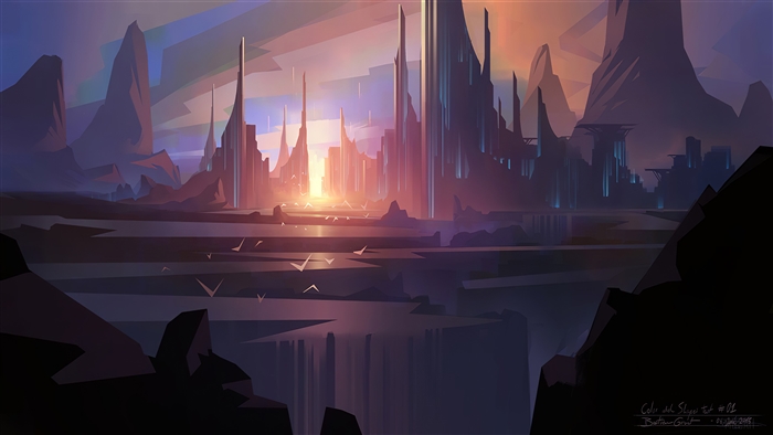 Futuristic Cityscape with Birds Flying
