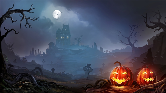 Halloween night with haunted house and pumpkins 4K