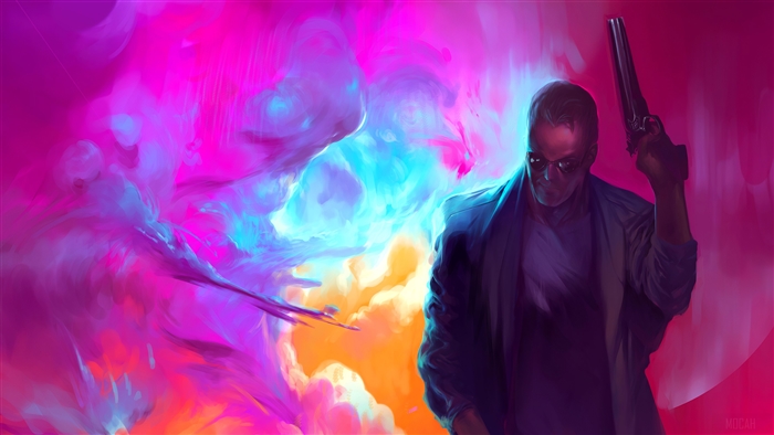 Man with shotgun in neon smoke 4K