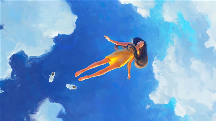 Girl in yellow dress floating in the sky