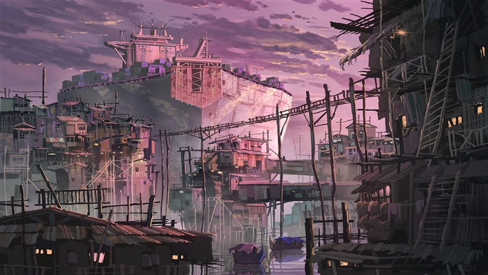 Slum city built on water with a large ship in the background