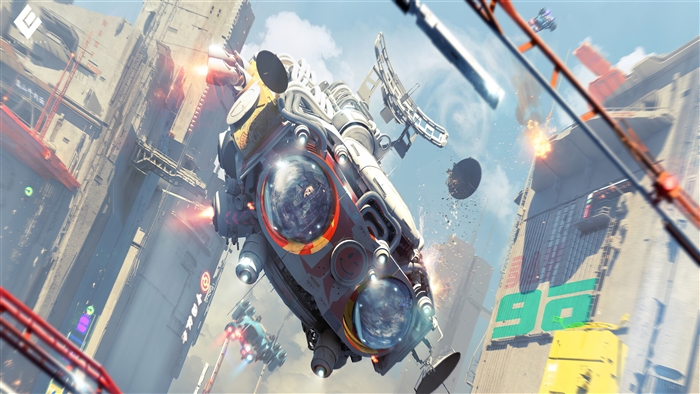 Spaceship flying through a futuristic city