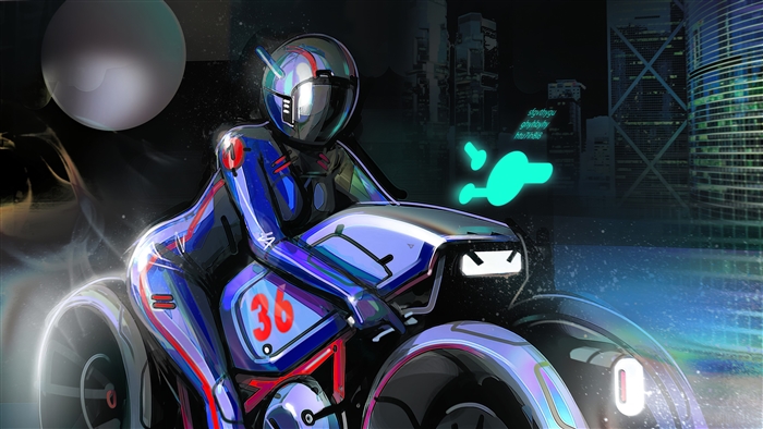 Motorbiker in futuristic city 4K