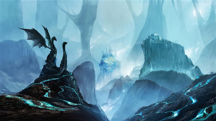 Dragons in a misty, mountainous landscape with castles