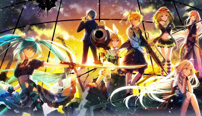 Vocaloid characters with weapons in a dramatic setting