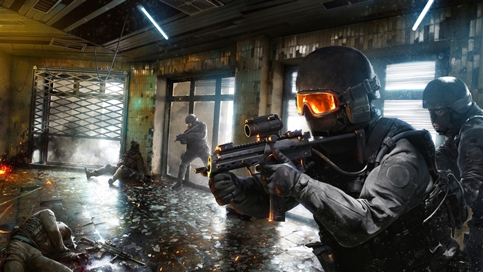 SWAT police soldiers in a destroyed building 4K