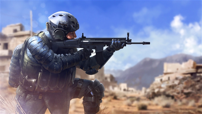 Police Swat aiming rifle in desert ruins 4K
