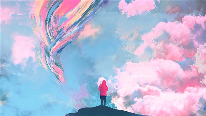 Man in red hoodie looking at abstract sky art 4K