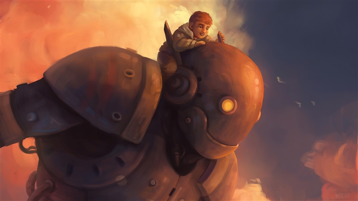 Boy riding a robot in the sky