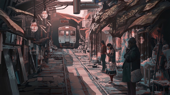 Train stop in a dilapidated market with people waiting