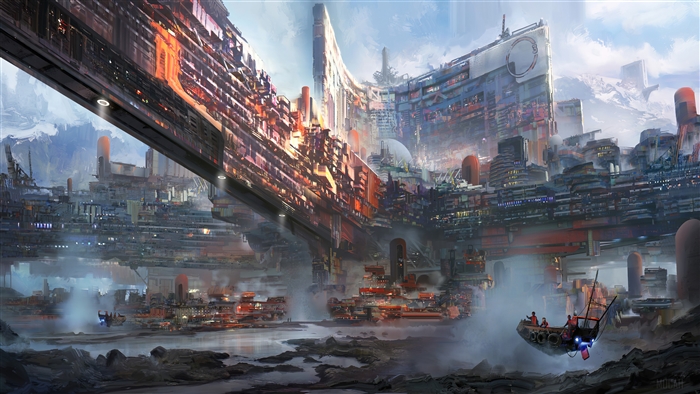 Futuristic Cityscape with Mountains and Waterways 4K
