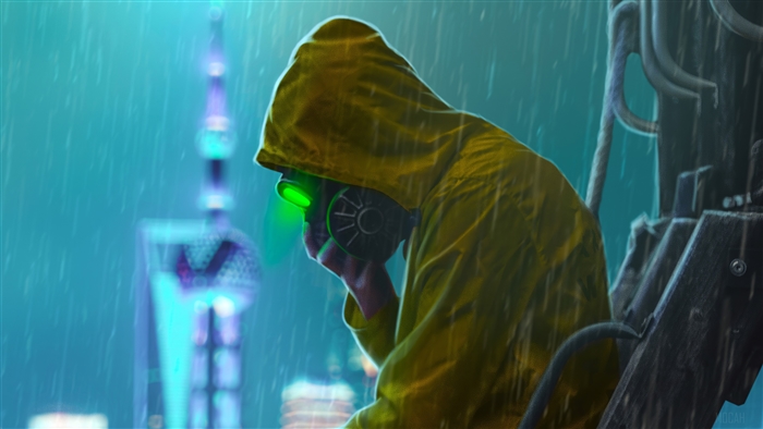 Person in yellow raincoat and gas mask in rain