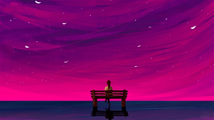 Girl on a bench under a starry purple sky