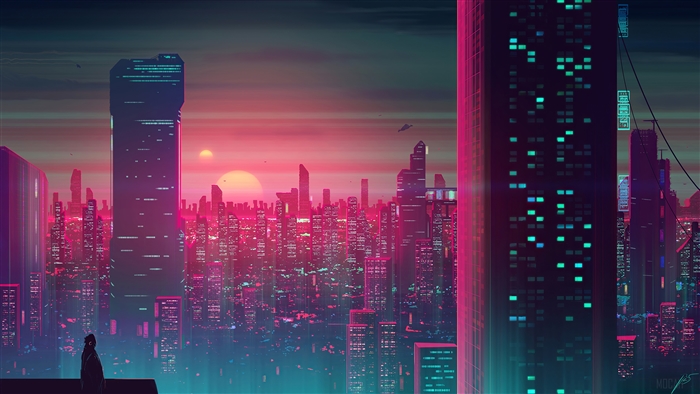 Cyberpunk Cityscape at Sunset with a Lone Figure