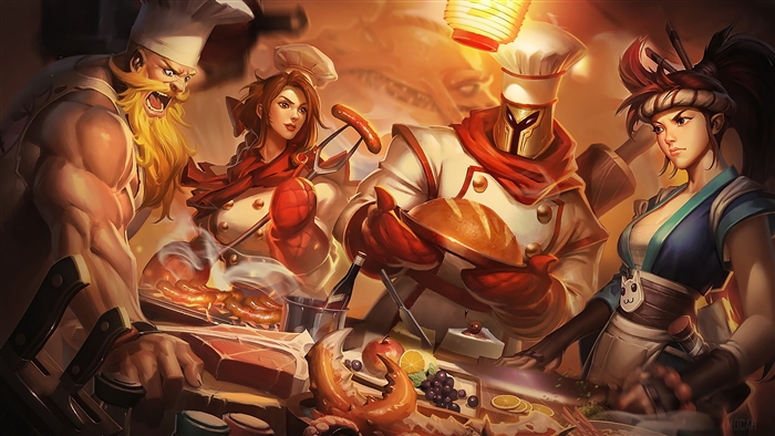 Sashimi Akali, Butcher Olaf, Baker Leona, and Barbecue Pantheon from LoL