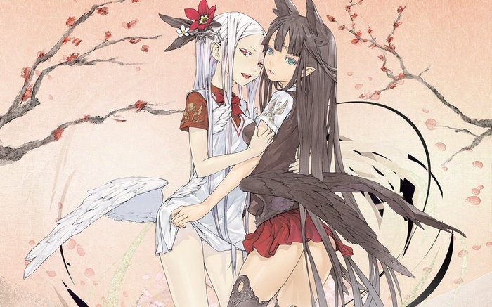 Two Anime Girls with Wings and Floral Branches