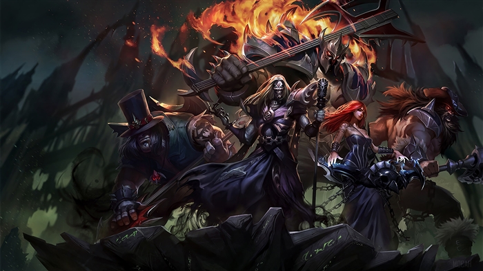 Pentakill Karthus, Sona, Yorick, Olaf, and Mordekaiser from League of Legends 4K