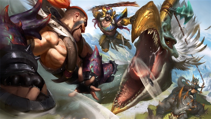 Beast Hunter Draven and Tryndamere fighting a monster in League of Legends 4K
