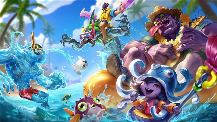 Pool Party Zac, Lulu, Dr. Mundo, Rek'Sai, and Draven from League of Legends 4K